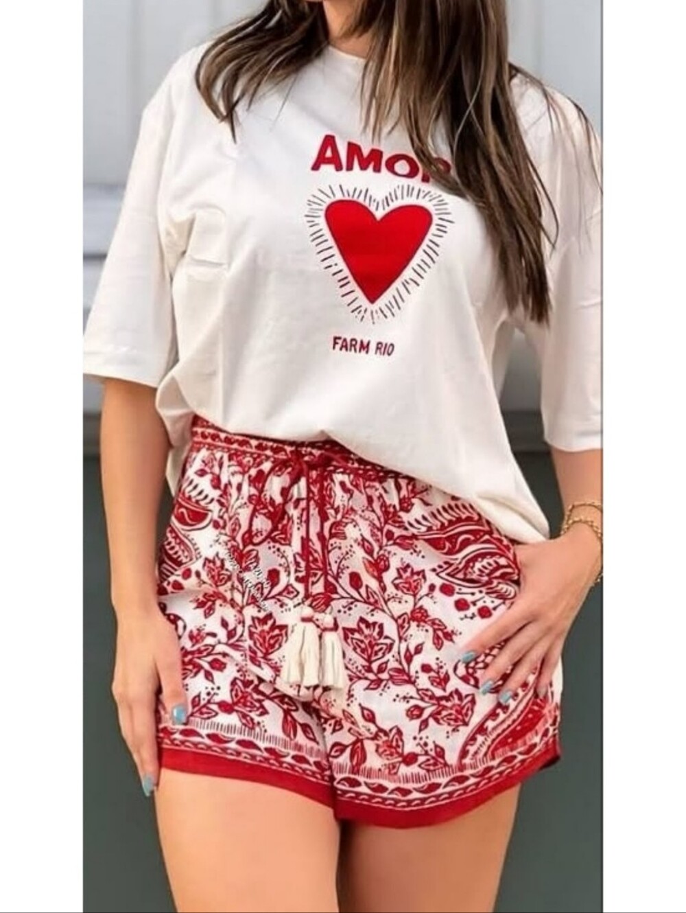 Farm Rio Rio Vermelho Shorts Red White Resortwear Coastal Size Medium Bohemian